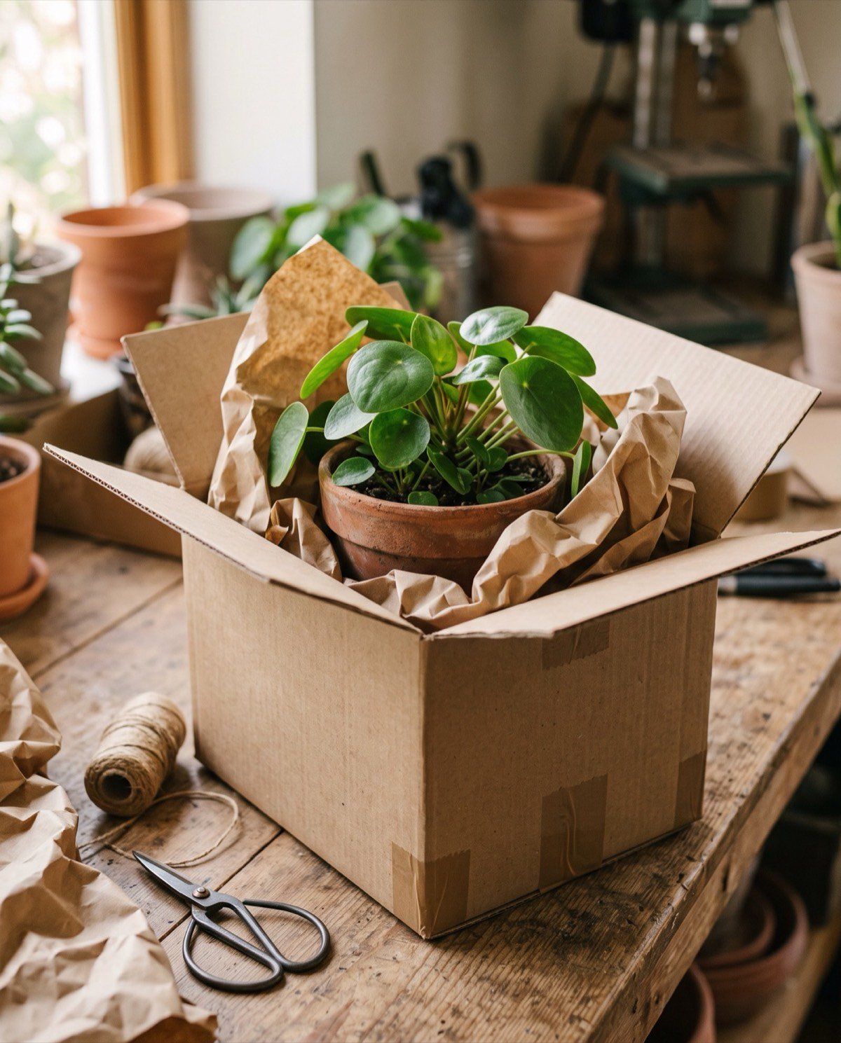 A potted plant cushioned with kraft paper inside a shipping box